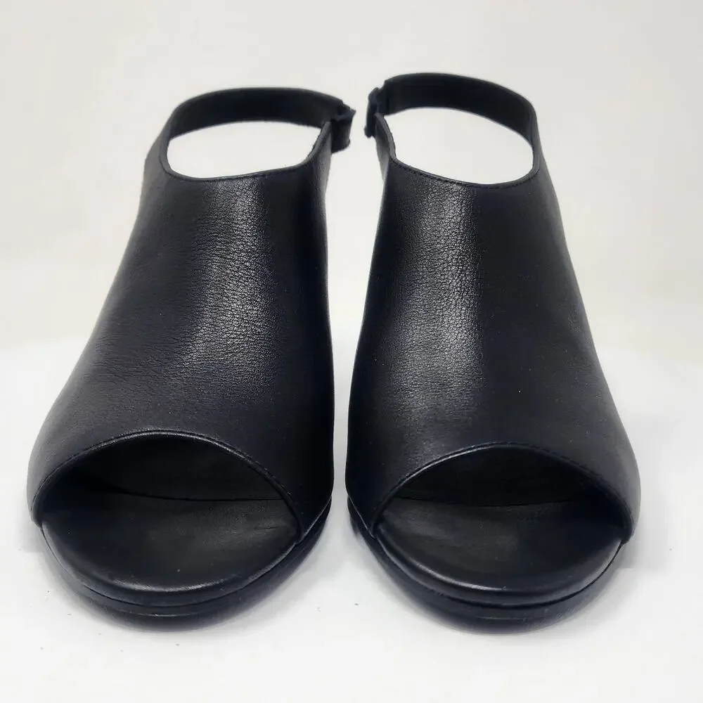 Eileen Fisher Bobbie Slingback Sandal Women 9.5 Italian Black Leather Wood Heel